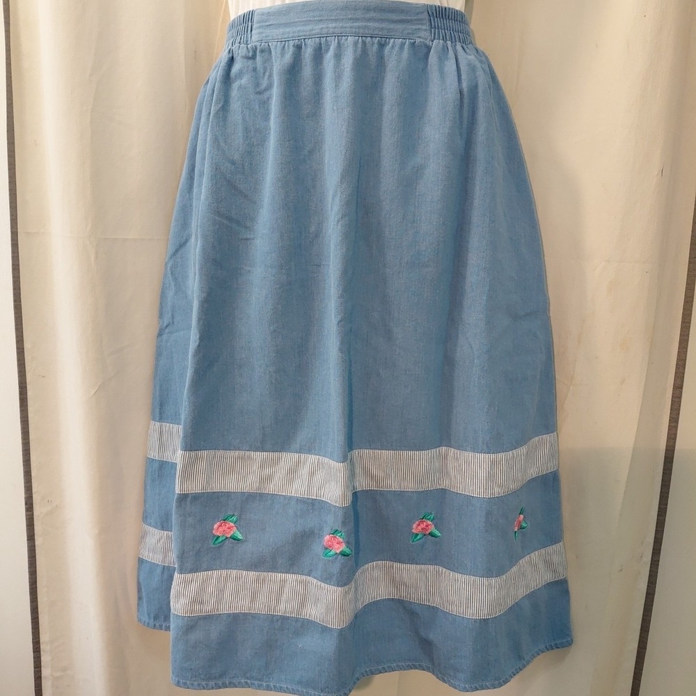 Vintage 90's  Embroidered  Striped Trim Demin Cottagecore Midi Skirt  Cotton 16